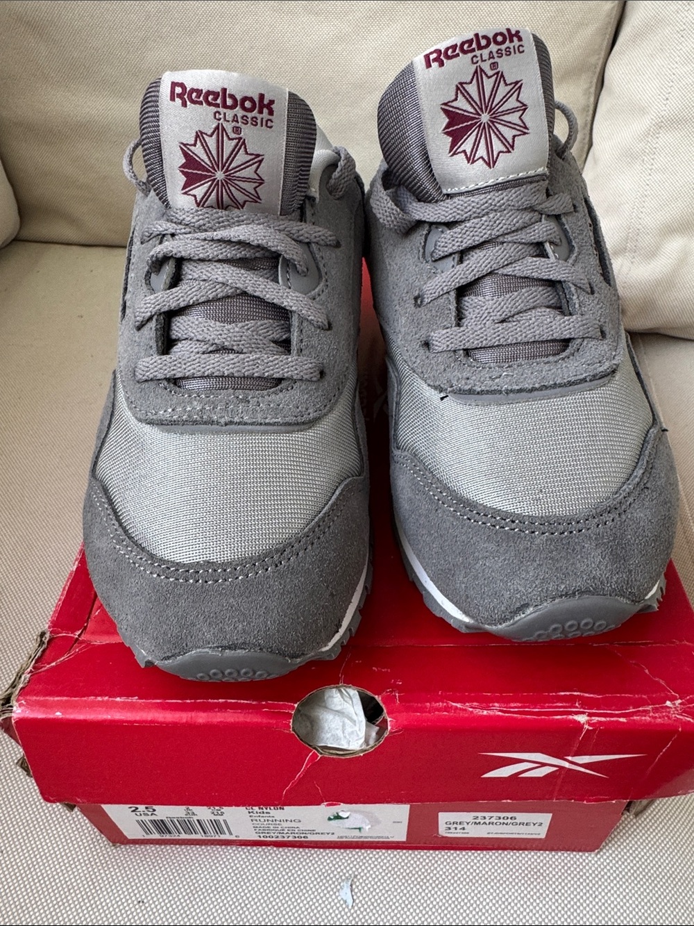 Reebok Grey Low-Top Suede & Mesh Sneakers with Maroon Logo